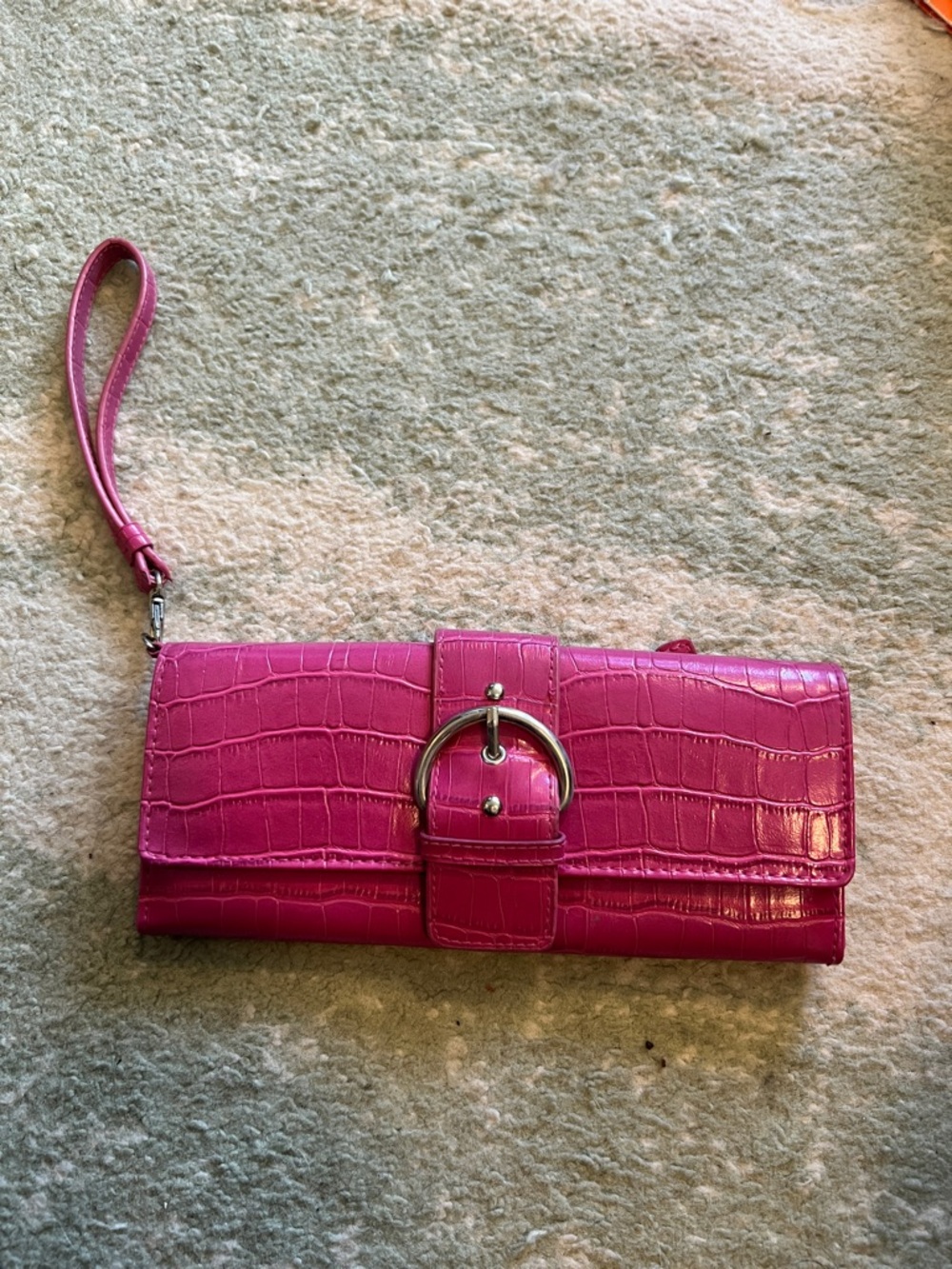 Pink Croc-Embossed Wristlet Clutch with Buckle Detail